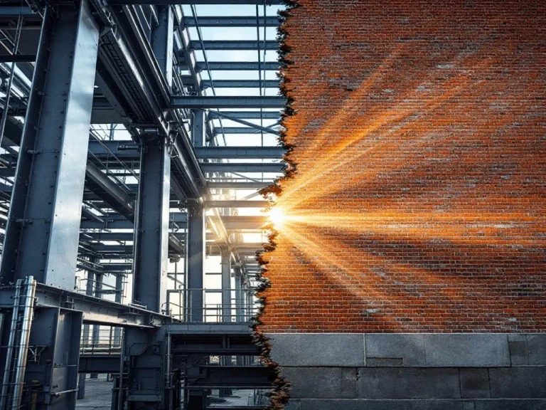 Gesplitst beeld van moderne staalconstructie met metalen balken links en traditionele baksteen-betonbouw rechts