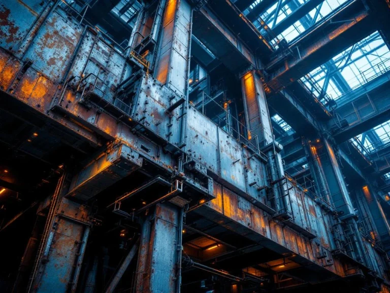 Massieve industriële staalconstructie met verweerde balken en gelaste verbindingen in dramatisch licht