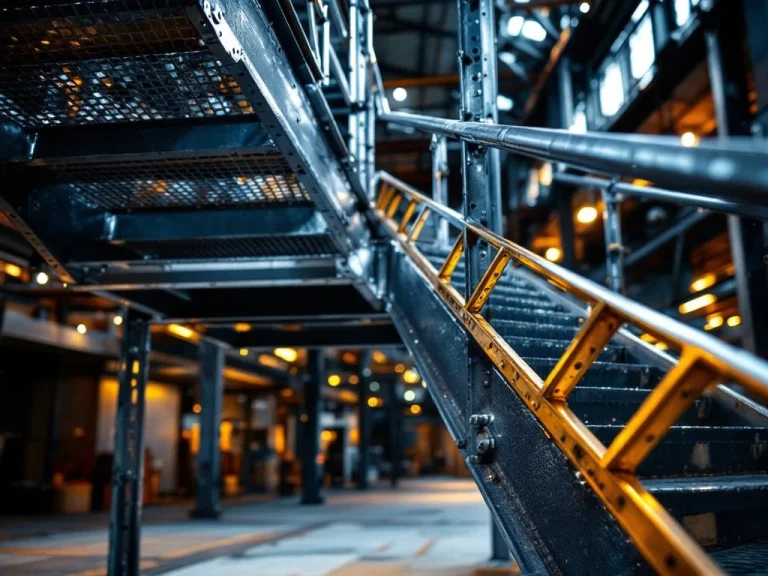 Moderne stalen trap bordes met industriële roosterplaat en gelaste verbindingen in industrieel gebouw